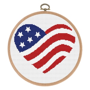 Patriotic Heart Cross Stitch Pattern. Counted cross stitch chart USA flag. Independence Day Hoop Art. 4th July xstitch. Instant download PDF image 1