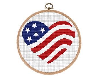 Patriotic Heart Cross Stitch Pattern. Counted cross stitch chart USA flag. Independence Day Hoop Art. 4th July xstitch. Instant download PDF