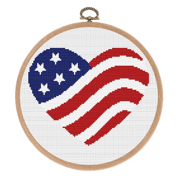 Patriotic Heart Cross Stitch Pattern. Counted cross stitch chart USA flag. Independence Day Hoop Art. 4th July xstitch. Instant download PDF