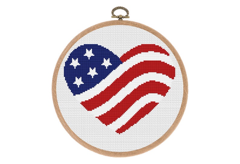 Patriotic Heart Cross Stitch Pattern. Counted cross stitch chart USA flag. Independence Day Hoop Art. 4th July xstitch. Instant download PDF image 1