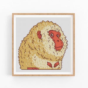 May include: A cross-stitch pattern of a white and brown monkey with a red face. The monkey is sitting with its head turned to the side.