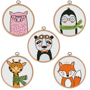 Patrones de punto de cruz, juego de 5, animales de dibujos animados lindos: cerdo, panda, jirafa, zorro, pingüino, punto de cruz contado, guardería, descarga instantánea en PDF