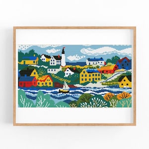 May include: A colorful cross-stitch pattern of a seaside town with houses, a lighthouse, a boat, and trees. The houses are yellow, red, blue, and green. The water is blue and white.