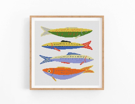 クロスステッチ完成品　魚 クロスステッチの図案、魚、海、オーシャン、かわいい魚、クロス