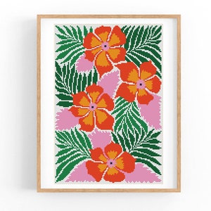 Patrón de punto de cruz abstracto floral moderno, flores tropicales, patrón de punto en cruz fácil, gráfico de punto en cruz, patrón de naturaleza, descarga instantánea en PDF