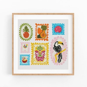 May include: A framed print featuring a collection of colorful postage stamp designs. The stamps depict tropical fruits, cocktails, a toucan, and a tiki mask. The artwork is set against a white background, with a wooden frame.