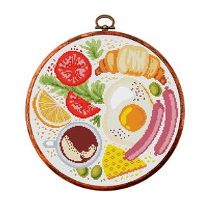 Patrón de punto de cruz de comida, gráfico de punto de cruz de desayuno, póster de cocina XStitch PDF, huevo, café, croissant moderno xstitch Descarga instantánea