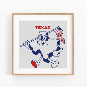 May include: A framed print featuring a cartoon-style Texas state outline with a face, holding a flag. The flag has red and white stripes and blue stars. The word "TEXAS" is printed in red above the character.