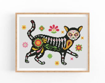 Mexican Cat Cross Stitch Pattern, Dia de los Muertos, Mexican animal skulls X-Stitch Design, Instant Download PDF