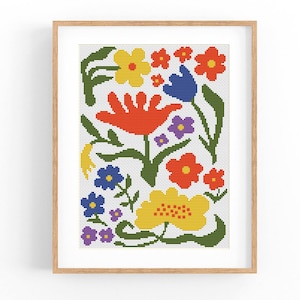 Patrón de punto de cruz abstracto floral moderno, flores modernas, patrón de punto X fácil, gráfico de punto de cruz, patrón de naturaleza, descarga instantánea en PDF