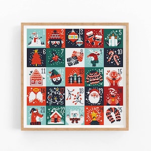 Puede incluir: Un patrón de punto de cruz para un calendario de adviento navideño colorido con 25 casillas que representan iconos festivos como un muñeco de nieve, un árbol de Navidad, un hombre de jengibre y Santa Claus. Los números del 1 al 25 están incluidos en el diseño.