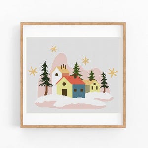 Christmas Cross Stitch Pattern, Modern Merry Christmas x-stitch, Holidays, Winter Landscape House Counted XStitch Chart,Instant Download PDF
