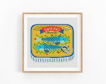 Sardines Can Cross Stitch Pattern, Sardine Food Art, Fish Can Cross Stitch Pattern, Modern Cross Stitch Design, Instant Download PDF