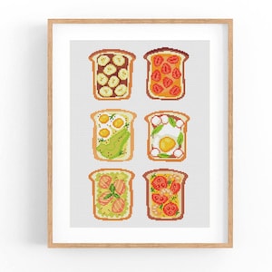 Toast-kruissteekpatroon, ontbijt-kruissteektabel, keukenposter kruissteek pdf, ModernXStitch-ei, avocado, zalm, instant download.