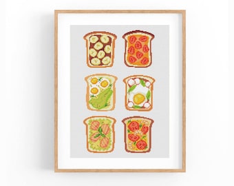 Toast Cross Stitch Pattern, Breakfast Cross Stitch Chart,Kitchen Poster Cross Stitch PDF, ModernXStitch Egg,Avocado,Salmon Instant download.