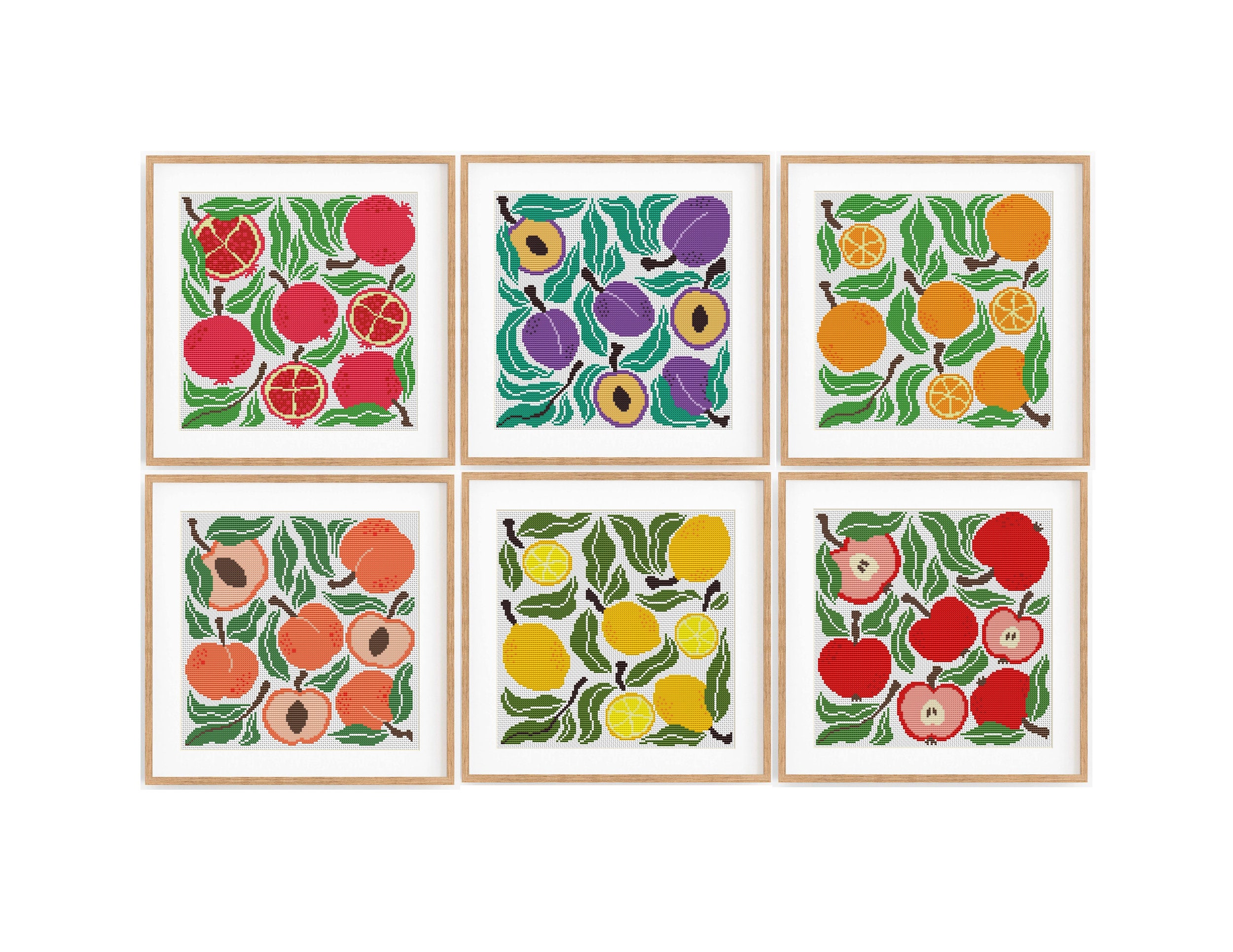 Set of 6 Modern Abstract Fruit Cross Stitch Patterns, Modern Cross