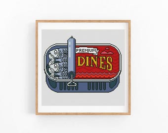 Sardines Can Cross Stitch Pattern, Vintage Tin Label Xstitch Chart, Colorful Kitchen Food Art PDF