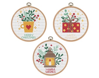 Cross stitch patterns, set of 3, Happy Christmas, Modern x-stitch design, Counted x-stitch, Nursery, Funny xstitch Instant download PDF