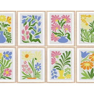 Conjunto de 8 patrones de punto de cruz de flores modernas, punto de cruz de naturaleza abstracta, planta, gráfico de punto de cruz fácil de contar. Descarga instantánea en PDF