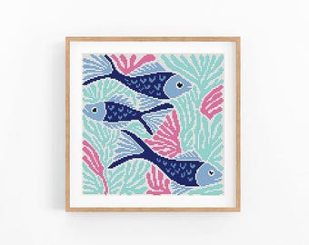 Cross Stitch Pattern Modern Ocean Abstract, Modern Sea, Fish, Water, Easy x-stitch, Cross Stitch Chart, Nature Pattern, Instant Download PDF
