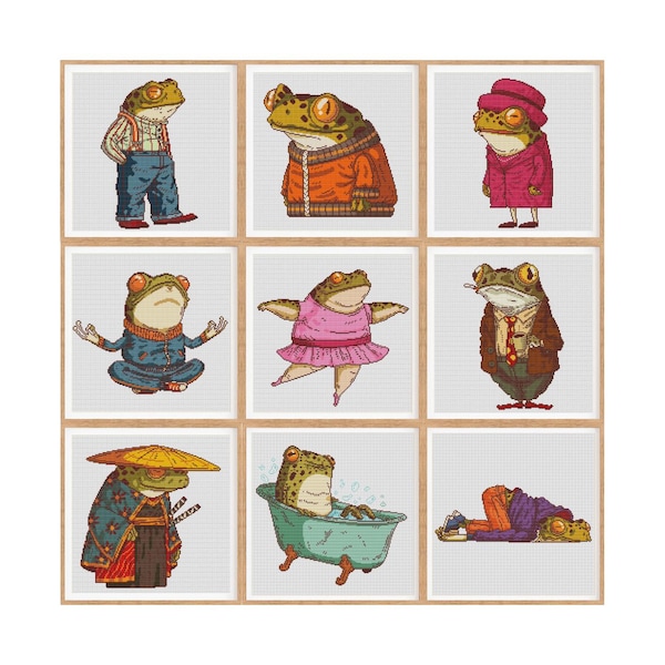 9 Frog Bundle, Modern Art Animal Cross stitch pattern, Set of 9 Modern cross stitch, Funny Frogs, Decor Design, Instant download PDF