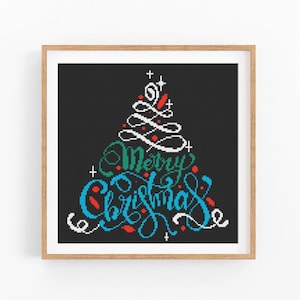 Merry Christmas Cross Stitch Pattern, Christmas tree, Modern Cross Stitch Pattern, Holidays Cross Stitch Pattern, Instant Download PDF