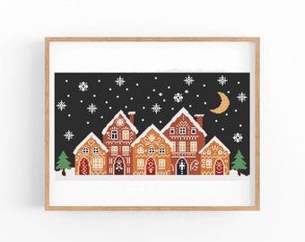 Christmas Cross Stitch Pattern, Modern Merry Christmas x-stitch, Holidays, Gingerbread House Counted Cross Stitch Chart,Instant Download PDF