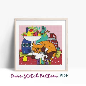 Cross Stitch Pattern, Funny Colorful Cat, Still Life Modern x-stitch Pattern, Cross Stitch Chart, Cat Lover Pattern, Instant Download PDF