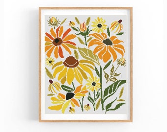 Padrão de ponto cruz moderno abstrato floral, flores, plantas, padrão de ponto x fácil, gráfico de ponto cruz, padrão da natureza, download instantâneo em PDF
