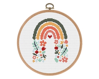 Padrão de ponto cruz, Moderno, Boho Arco-íris, Flor, Pequeno ponto cruz contado, Decoração de berçário, Ponto x contado fácil, Download instantâneo em PDF