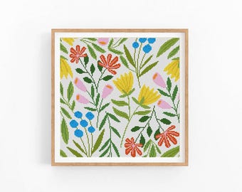 Wildflower Cross Stitch Pattern PDF, Summer Floral Meadow Embroidery Design, Cottagecore Flower Bouquet, Botanical Cross Stitch Chart