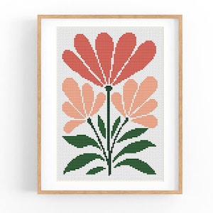 May include: Cross stitch pattern featuring a stylized floral design with three flowers in shades of pink and red with green leaves.