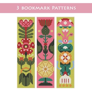 Pode incluir: Três padrões de marcadores coloridos com desenhos florais e abstratos. Os marcadores são verticais com fundos verde claro e rosa. O texto "3 BOOKMARK PATTERNS" está no topo.