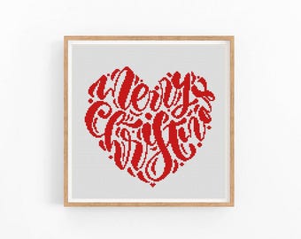 Merry Christmas Cross Stitch Pattern, Heart Modern Cross Stitch Pattern ...