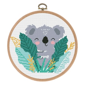 Cross stitch pattern, Modern, Cute KoalaTropical Leaves, Funny Easy Counted cross stitch, Nursery Decor, kids, baby, Instant download PDF
