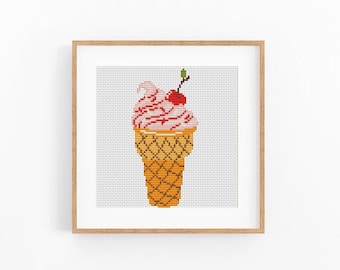 Ice Cream Cross Stitch Pattern Modern Food. Kitchen PDF embroidery design. Funny cross stitch pattern. Cherry ice cream. Instant download