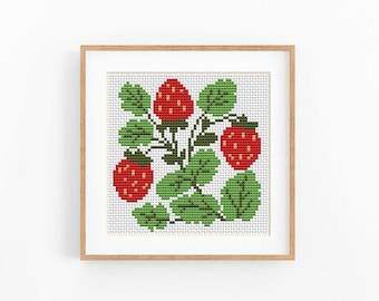 Motif de point de croix aux fraises, motif de broderie de fruits moderne. Patron alimentaire au point x, téléchargement immédiat au format PDF