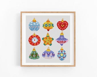 Christmas tree ornaments cross stitch pattern, Instant download PDF, Hanging Bauble XMas counted xstitch chart, Holiday decor