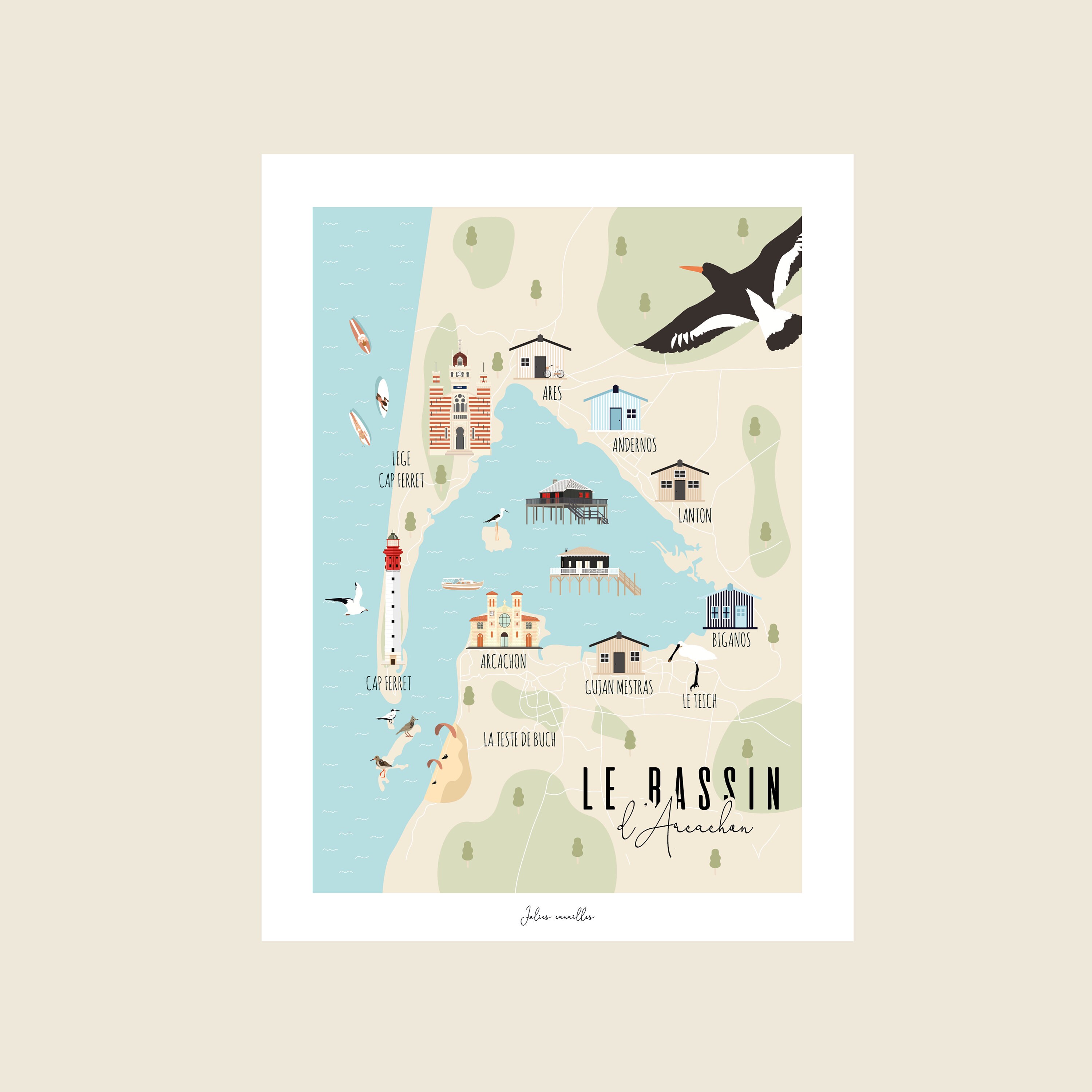 Bassin d'arcachon - Affiche La Carte Du Bassin d'arcachon Format 30x40cm