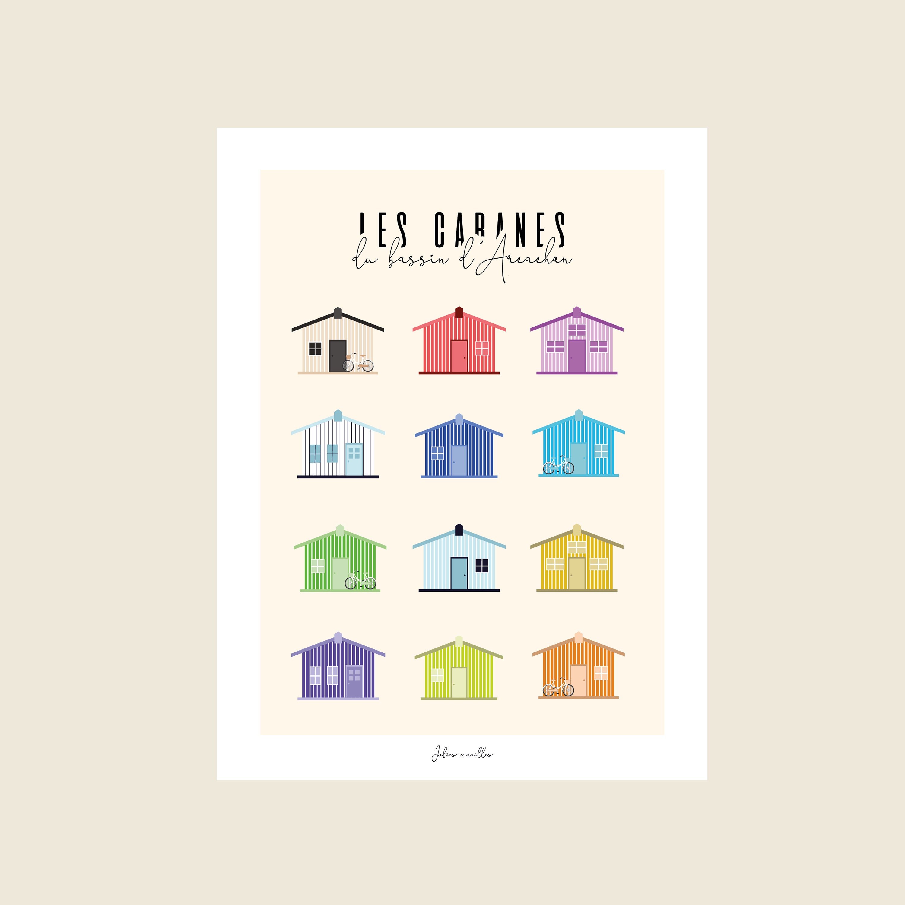 Bassin d'arcachon - Affiche Les Cabanes Colorées Du Bassin Format 30x40cm