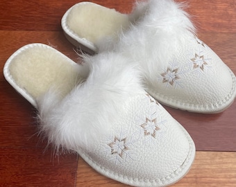 Women's Handmade Leather Slippers, Polish Traditional Leather Slippers, Natural Leather Slippers, Women's Winter Slippers