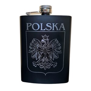 Metal Hip Flask, Polish Eagle Emblem, Piersiowka, Matte Black 8oz Hip Flask