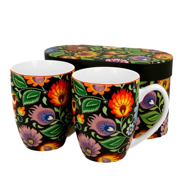 Set of Two Mugs, Porcelain Mugs, Floral Design