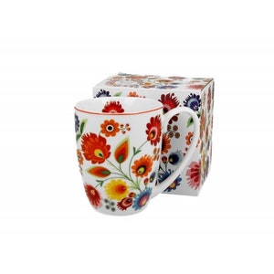 May include: A white ceramic mug with a colorful floral pattern. The mug has a handle and is packaged in a box with a matching floral design.