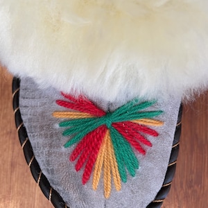 May include: Gray suede slipper with a black braided trim and a colorful embroidered design in red, yellow, and green.