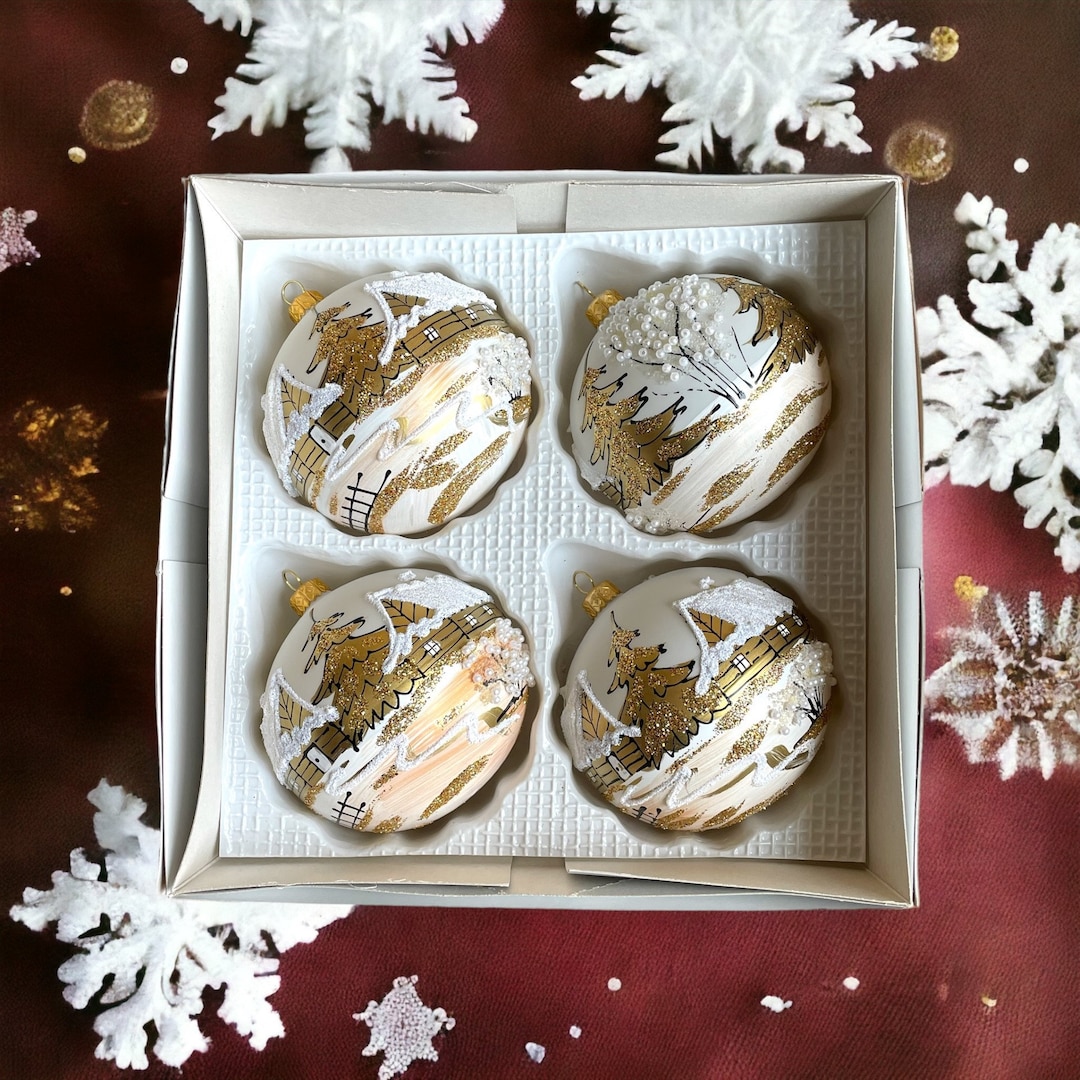 Set of 4 Handmade White/gold Christmas Ornaments, Made in Poland