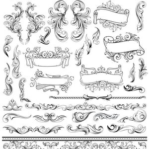 May include: A set of 20 black and white vintage style decorative elements, including scrolls, banners, and floral designs. These elements can be used for scrapbooking, card making, invitations, and other craft projects.