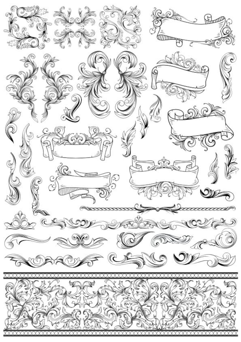 May include: A set of 20 black and white vintage style decorative elements, including scrolls, banners, and floral designs. These elements can be used for scrapbooking, card making, invitations, and other craft projects.