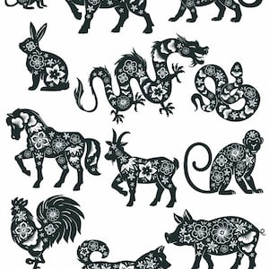 May include: Black and white silhouette illustrations of the 12 Chinese zodiac animals, each decorated with intricate floral patterns. The animals include the rat, ox, tiger, rabbit, dragon, snake, horse, goat, monkey, rooster, dog, and pig.