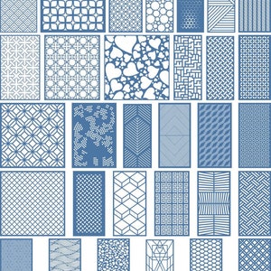 May include: A collection of 30 different laser cut patterns, each with a unique geometric design. The patterns are all in a light blue color and are arranged in a grid.